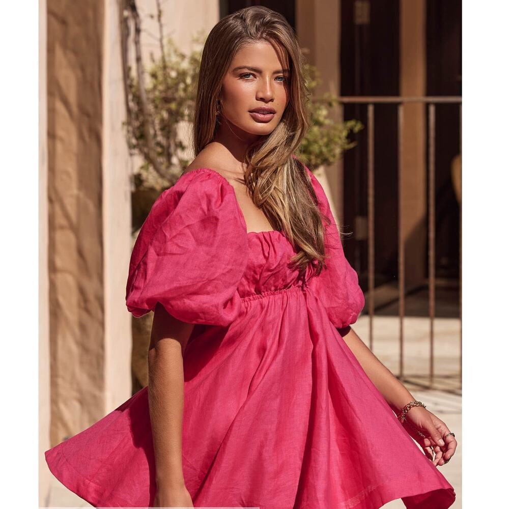 Showpo. Amalie The Label Hamyya Linen Tie Back Puff Sleeve Mini Dress Magenta-2